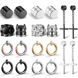 10 Pairs Unisex Men Stainless Steel Non-Piercing Magnetic Stud Earrings Cross Dangle Hoop Earrings CZ Magnet Clip on Earring Set257F