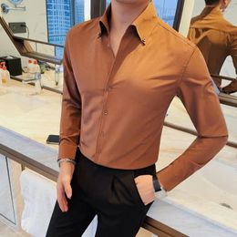 Men's Casual Shirts High Quality V-neck Shirt Fashion Men Four Seasons Solid Colour Business Wedding Dress All Match England Style