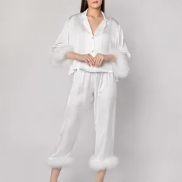 Women's Sleepwear Feather Trim Loungewear Silk Satin Pyjama 2 Pcs Button Down Long Sleeve Pants Set Holiday Pyjamas For Women