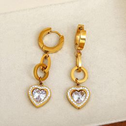 Hoop Earrings AENSOA Sweet Heart Cubic Zirconia Drop Dangle Stainless Steel 18k Gold Silver Color Charm Exquisite Jewelry For Women