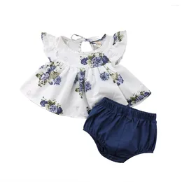 Clothing Sets Infant Baby Girls Clothes Set Short Sleeve Flowers Print Tops Blue Shorts Toddler Outfits Summer Kids Girl