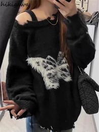 Women's Sweaters Harajuku Sueter Mujer Japanese Streetwear Pullovers Women Hole Butterfly Print Jumper Casual Fashion Knit Oversized Sweater