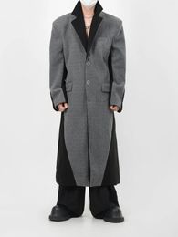 Men's Jackets Deconstructed Color Contrast Splicing Long Over-the-knee Woolen Overcoat Solid Shoulder Pad Trench Coat