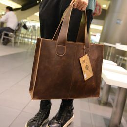 Evening Bags Men s Vintage Handbag Crazy Horse Leather office man Messenger Solid Large capacity Tote male Brown 231216