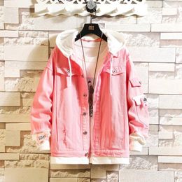 Men's Jackets Nice Pink Black Green Jeans Jacket Men Slim Streetwear Ripped Denim Hoodie Hip Hop Bomber Homme Spring Autumn