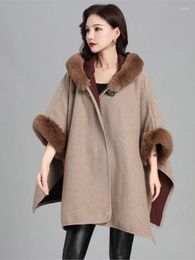 Women's Fur Elegant 2024 Winter Spring Rex Collar Knitted Poncho Cape Shawl Woollen Oversized Loose Coat