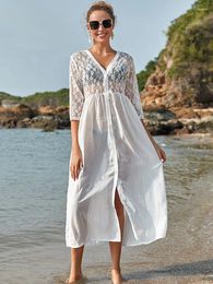 Casual Dresses 2023 Elegant White Lace Patchwork Cotton Long Kimono Cardigan Plus Size Beach Wear Women Tops And Blouse Shirt Sarong Q1073