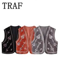 Women's Vests TRAF Women Beaded Embroidery Velvet Vest Elegant Cardigan Waistcoat Autumn Female Fashion Vintage Y2k Streetwear Tops 231218