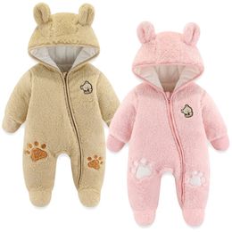 Rompers Cute Plush Bear Baby Romper Autumn Winter Keep Warm Hooded Infant Girl Overall Jumpsuit 3 6 9 12 Months born Boy Clothes 231218