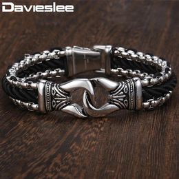 Davieslee Fashion Mens Man-made Leather Bracelet Stainless Steel Box Link Knot Charm Wristband 12 13mm Gold Silver Colour DHB4961872