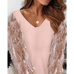 Casual Dresses Fashion Summer Dress Contrast Sequin Mesh Trend V-neck Women Long Sleeve Loose See Through