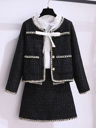 Two Piece Dress Autumn Winter Elegant Black Tweed 2 Set Women Long Sleeve Woolen Jacket Short Coat Mini Skirts Suits Fashion 231218