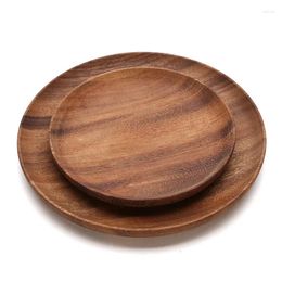 Plates 2Pcs Round Wooden Plate Serving Tray Fruit Dessert Snack Dish Appetizer Acacia Wood Kitchen Dishes Tableware