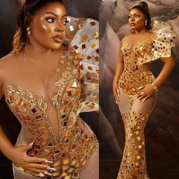 2024 Plus Size Aso Ebi Prom Dresses Luxurious Mirror Sequined Illusion Evening Formal Dress for Special Occasions Tulle African Arabic Birthday Party Gowns NL042