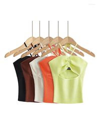 Women's Tanks Summer Knitted Drawstring Halter Tops Women Solid Colour Hollow Out Elastic Slim Crop Top 2023