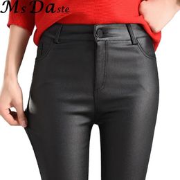 Capris 2018 Winter Women Faux Leather Pants & Capris PU Elastic High Waist Trousers Stretchy Slim Pencil Pants Leggings Female Black