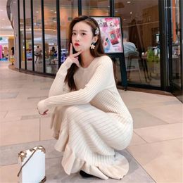 Casual Dresses Korean Style Elegant Knitted Dress Women Autumn Winter Pink Sweater O-Neck Long Sleeve Ruffles Knit Mermaid Bodycon