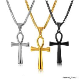 Hip Hop Couple Necklace Jewellery Stainless Steel Sweater Chain Popular Tri-color Cross Ankh Necklace for Women Men