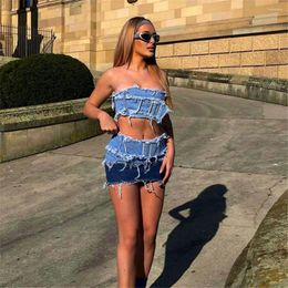 Work Dresses 2023 Denim Patchwork Matte Vintage Style Buckle Wrap Chest Exposed Navel Vest High Waisted Mini Skirt Two-piece Women's