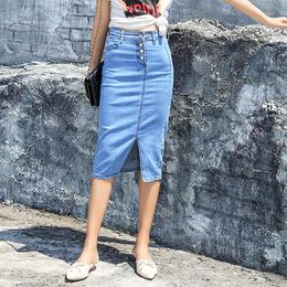 Dresses Summer 2023 Fashion Single Breasted Slim Pencil Skirt for Women Office Lady Korean Style Midlength Retro Blue Slit Denim Skirt