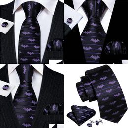 Neck Ties Neck Ties Barrywang Purple Silk Bat Tie For Men Novelty Animal Black Stripe Ncektie Pocket Square Cufflinks Set Wedding Part Dhacl