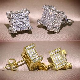 High Quality Yellow White Gold Plated Full Sparkling CZ Square Earrings Studs For Men Women Nice Gift326S
