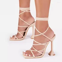 Sandals Sexy Women Slippers Party Stripper Shoes Summer Fashion Open Toe Ankle Cross Lace-Up Ladies Metal Stiletto Heels Size 42