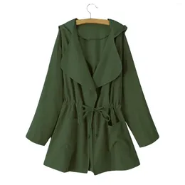 Women's Trench Coats Autumn Solid Long Sleeve Drawstring Pocket Hooded Lightweight Windbreaker