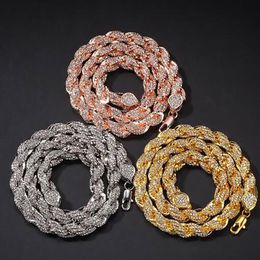 Mens 9mm Iced Out Rope Chain Crystal Rhinestone Gold Silver Rose Gold Chain Necklace 18inch-24inch Hiphop Jewelry193f