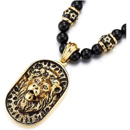 Punk Gothic Lion Head Mens Necklace Titanium Stainless Steel Animal Heads Shield Pendant Glass Crystal Beaded Chain Necklaces Rapper Hip Hop Jewellery Gifts For Men