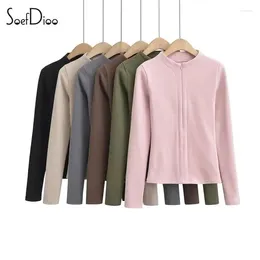 Women's T Shirts Soefdioo Concise Solid Fleece Cardigan T-Shirt Women Fashion O-Neck Long Sleeve Zipper Up Slim Basic Tops 2024 Spring