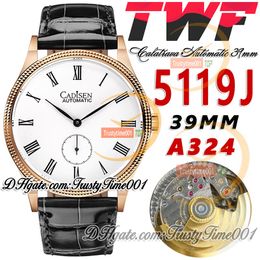 TWF Calatrava 5119J A324 Automatic Mens Watch 39mm Steel Fluted Bezel White Dial Roman Markers Rose Gold Case Leather Strap Super Edition trustytime001Watches