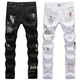 Men's Jeans European And American High Street Trendy Brand Distressed English Embroidery Printing Black White Slim Fit Small Straight