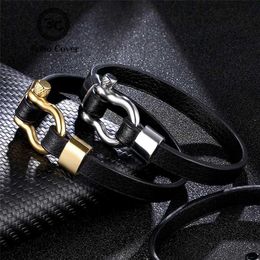 Simple Anchor Leather Bracelets Men Women Black Silver Gold Stainless Steel Shackles Clasp Bangle homme Wristband Couple Jewelry248e