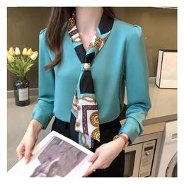 Women's Blouses Women Shirts Spring Autumn Long Sleeves Chiffon Top Professional Elegant Female Shirt Lace-Up Scarf Collar White Blouse