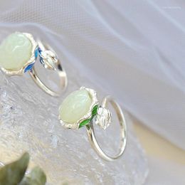 Cluster Rings Authentic 925 Sterling Silver Lotus Leaf Inlaid Natural White Jade Seedpod Ring Women Trendy Style Jewellery Gift