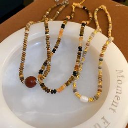 Choker Minar Retro Multicolor Natural Stone Tigereye Beaded Necklaces For Women Irregular Oval Beads Strand Imitation Pearl Chokers