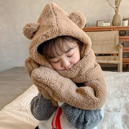 Hair Accessories Cute Bear Baby Plush Hat Scarf Gloves Winter Thick Warm One-Piece Beanie Cap For Boy Girl Cartoon Kids Hood Headgear Bonnet