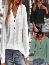 Women's T Shirts 2023 Women Long Sleeve V-neck Button Solid Loose T-shirt Tops