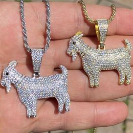 14K Real Solid Copper GOAT Pendant Bling Cubic Zirconia Necklace with 3mm 24inch Rope Iced ICY Gold Silver HipHop Mens272K