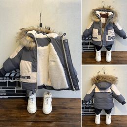 Down Coat Winter boys coat 2023 baby Fur collar hooded cotton plus velvet thicken warm jacket for children parka 2 8years kids clothes 231218