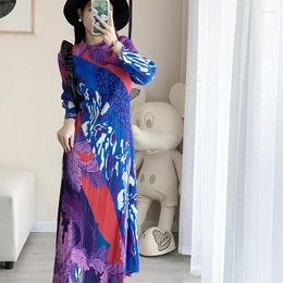 Casual Dresses Miyake Pleated Printed Women Fashion Dress Round Neck Long Sleeve Loose Plus Size Design Evening Party