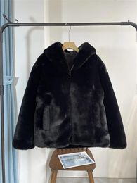 Women's Fur Women Hooded Eco-Friendly Coat Black Simple Warm Plush Outerwear 2023 Winter Fashion Female Zipper Jacket