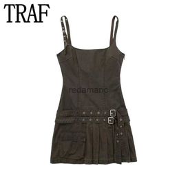 Basic Casual Dresses TRAF Pleated Mini Slip Dress Woman Waxed Backless Sexy Short Dresses For Women Y2k Vintage Sleeveless Summer Woman Dress 2023 YQ231218