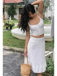 Work Dresses Chicheca Lace Up White 2 Pcs Outfit Women Summer Dress Set 2024 Beach Cotton Skirt Matching Midi Vestido Chic Sundress