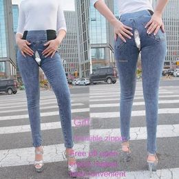 Jeans Women's Jeans Invisible FuZipper Skinny Leggings Open Crotch Outdoor Sex Urine Couple Convenient Pants High Rise Sexy