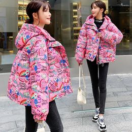 Women's Trench Coats 2023 European Style Camouflage Graffiti Printing Short Bread Thick Coat Jacket Down Cotton