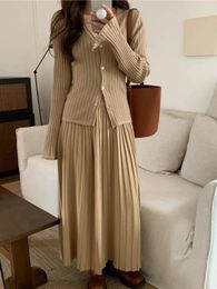 Work Dresses Autumn Pleated Skirt Suit Women Korean Simple Knitted Top High Waist 2 Piece Set Winter Office Lady Elegant Outfit