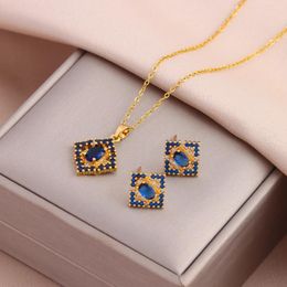 Pendant Necklaces Fashion Square Blue Zircon Crystal Earrings For Women Female Daily Wear Stainless Steel Jewelry Set Gift