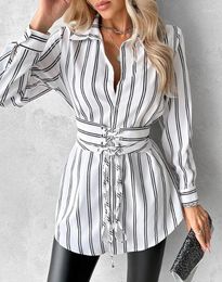 Casual Dresses Fashion Womens Shirt Dress Spring Striped Lace-Up Front Long Sleeved Single Breasted With Belt